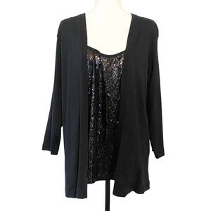 Rafaella Sequins One Piece Long Sleeve Cardigan Top Holiday Party SZ 1X Black